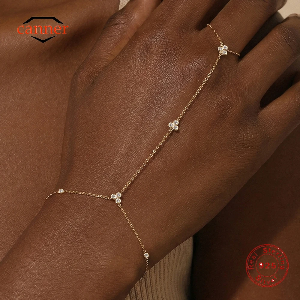 

CANNER 925 Sterling Silver Classic Simple CZ Bracelet Ring Chain For Women Flower Butterfly Eight-pointed Star Finger Bracelet