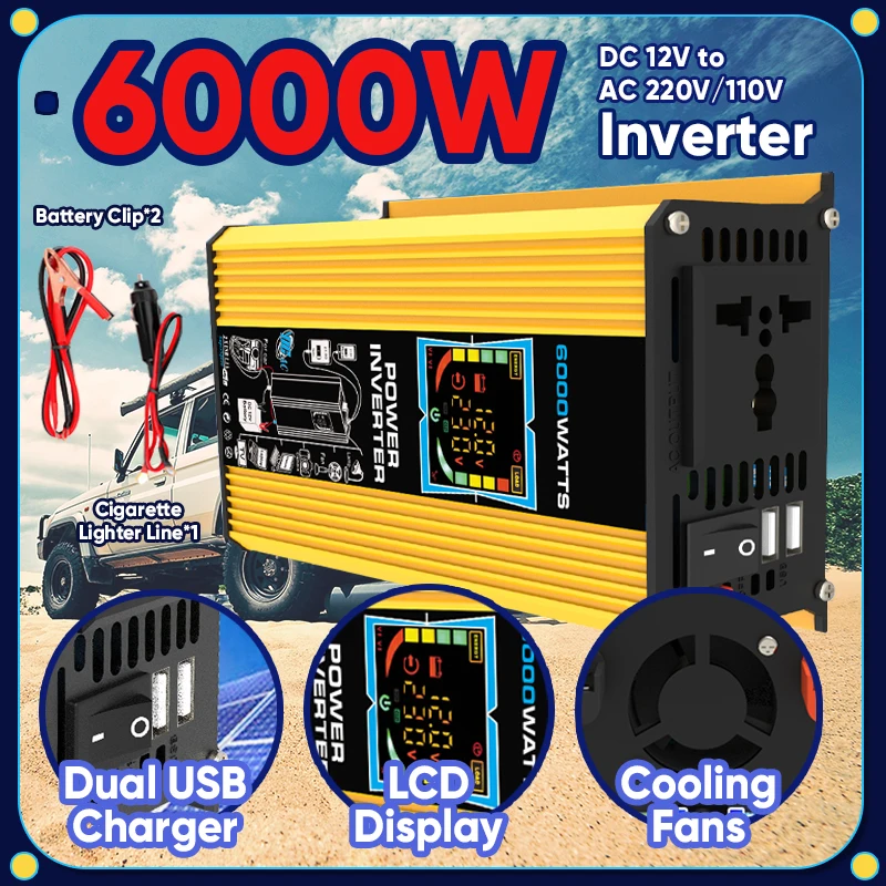 6000W Inverter DC 12V to AC 110V / 220V Vehicle Solar Power Inverter with Dual USB Digital Display For RVs and Small Appliances