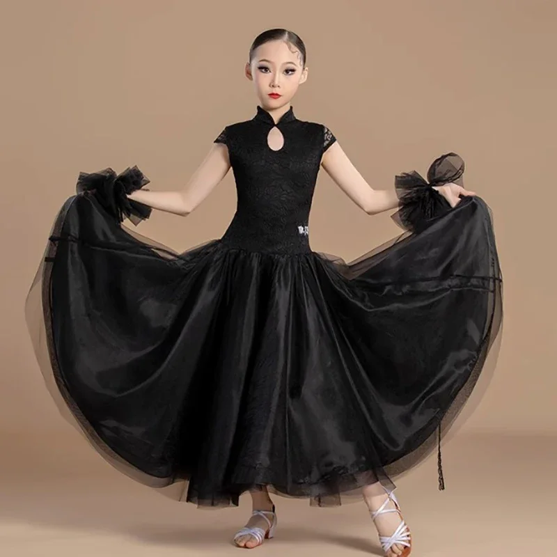 

Kids Girls Waltz Tango Ballroom Dance Wear Professional Dresses Lace Bodysuit and Mesh Large Skirts Modern Dancing Costumes