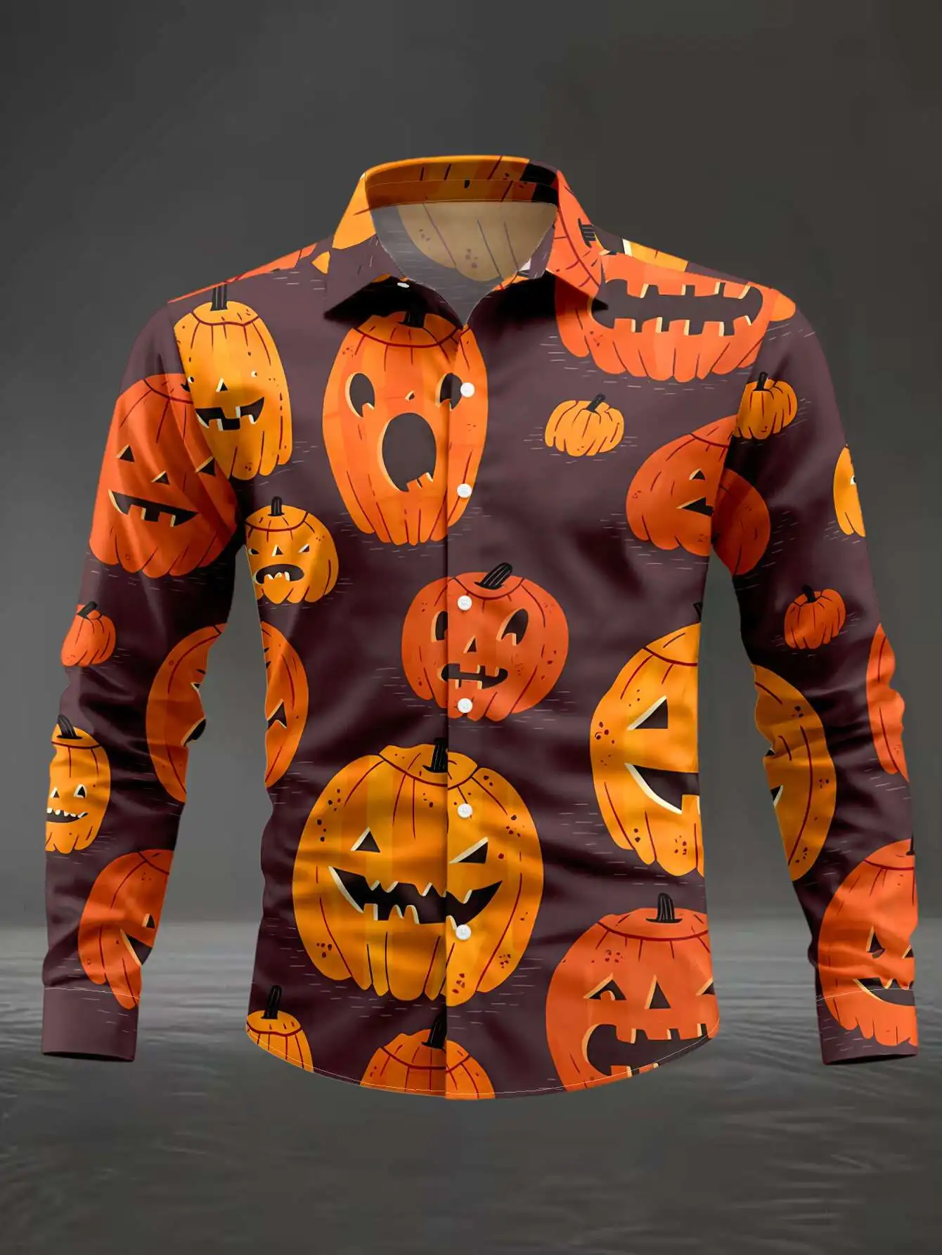 Men Long Sleeve Shirt Halloween Pumpkin Print Turn Down Collar Button Up Casual Party Dress
