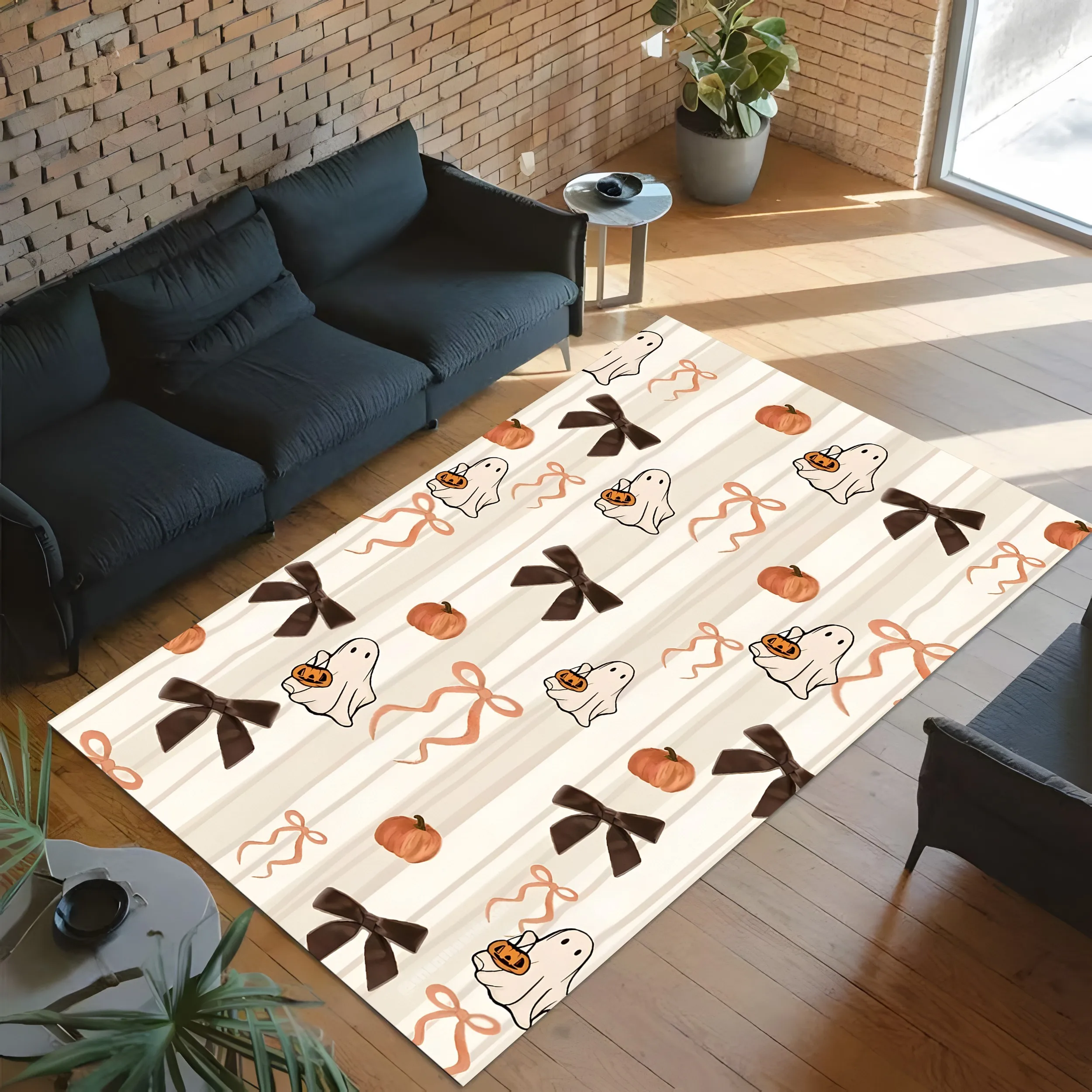 2D Carpet Ghostly Pumpkin Bow Prints Soft Cute Soothing Visuals Creating Warm Festive Halloween Atmosphere