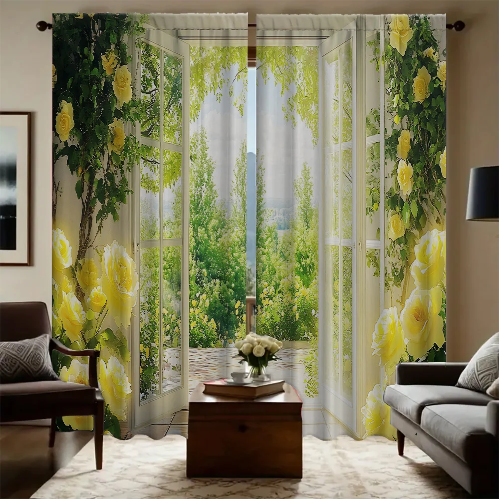 2PC Home Blumenlandschaft Vorhänge mit Landschaftshintergrund und Stangentaschenvorhänge, Küche, Café, Wohnzimmer, Bacony