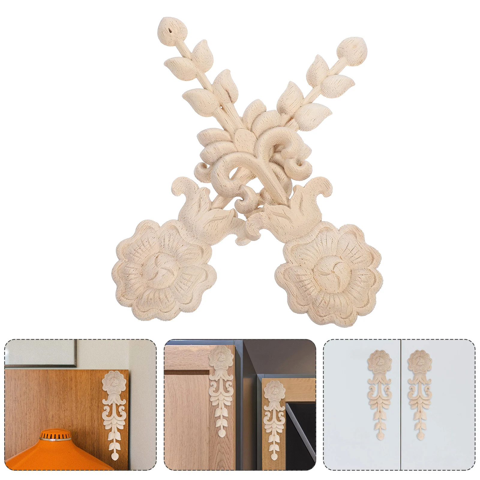 

2Pcs Solid Wood Cabinet Appliques European Style Carved Floral Overlays Furniture Decoration DIY Craft Project