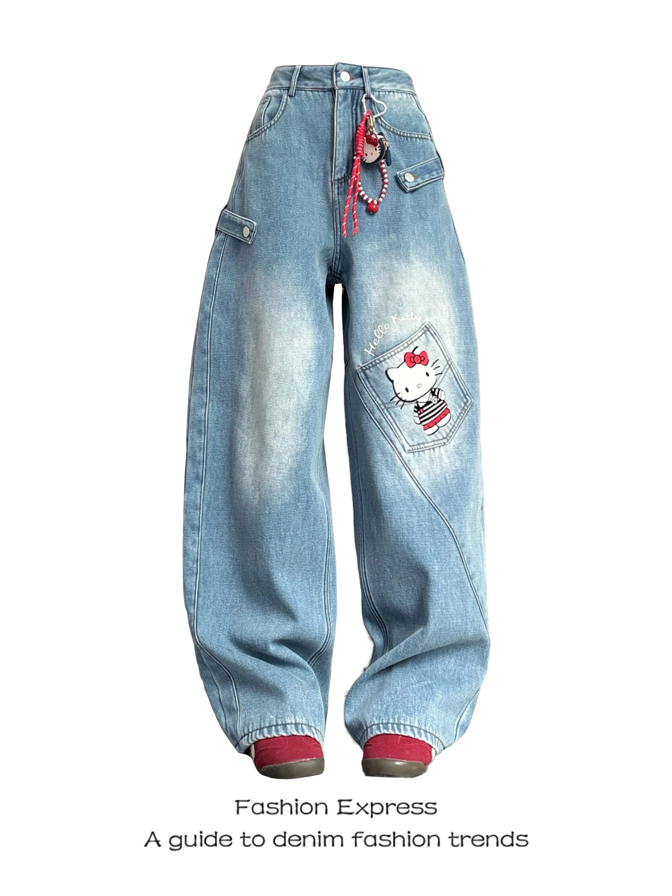 

Sli Embroidered Workwear Denim Jeans High Waist Wide Leg Blue Faionable Kit Stitching Anti-Wear for Young Women