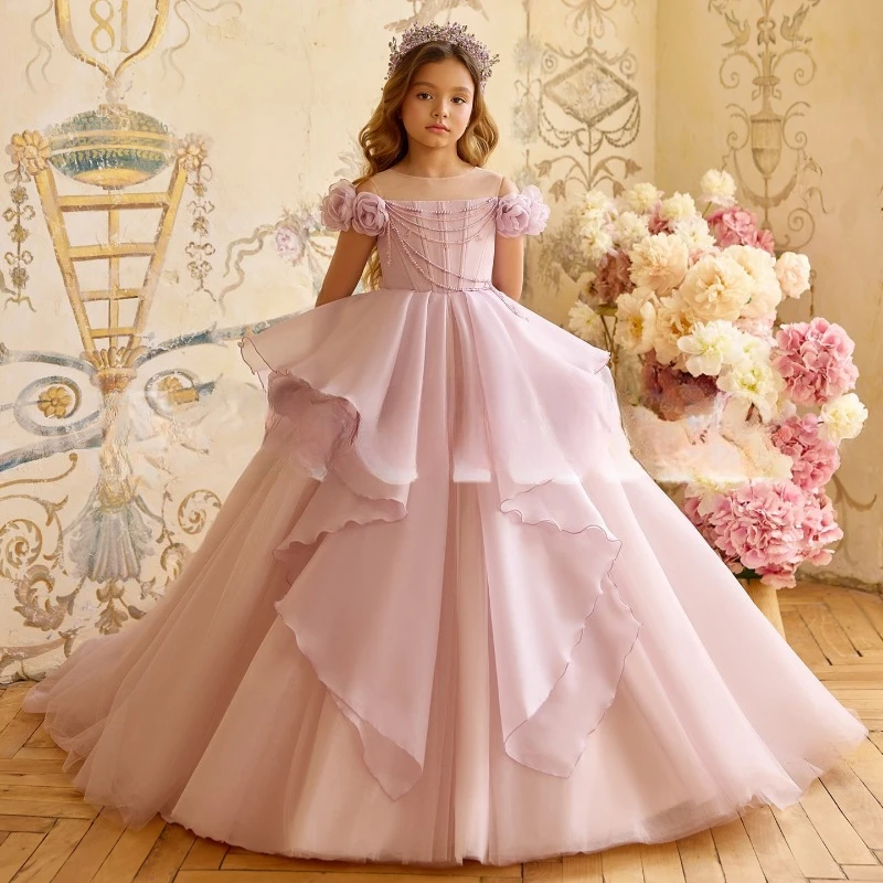 Kids Girls Pink Party Dress Princess Birthday Gown for Flower Girl Wedding Children Piano Recital Host Pageant Formal Costume