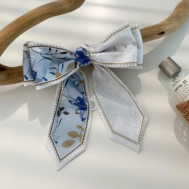 Sharp Corner Fashion Clear Flowers Print Satin Silk Neckerchiefs For Women Double-Deck Spring Summer Hair Bands Bags Ribbons