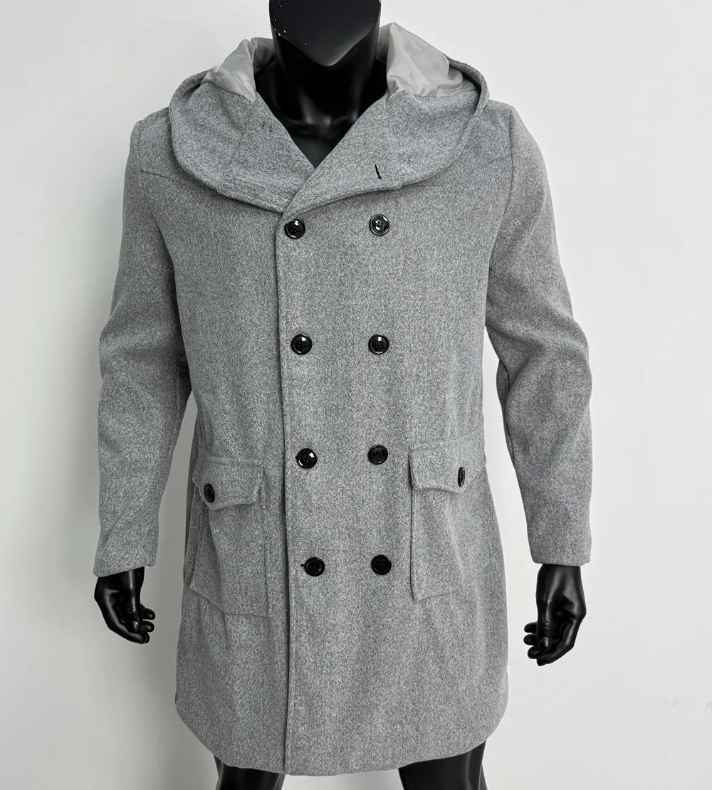 Men Hooded Wool Blends Trench Coat Double Breasted Mid Length Overcoat Work Casual Thick Warm Jacket Pockets Autumn Winter 2026