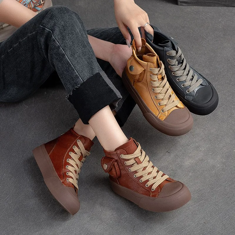 GKTINOO 2024 Autumn Winter New Retro Lace-up Flat Platform Shoes Genuine Leather Thick Soled Round Toe Casual Women\'s Shoes