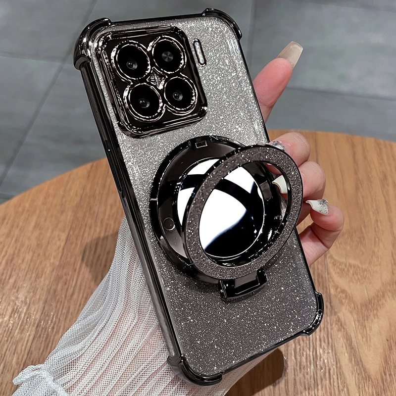 For Xiaomi 14T Pro Case Mirror Glitter Holder Luxury Camera Protection Plating Airbag Soft Silicone Shockproof Bumper Back Cover