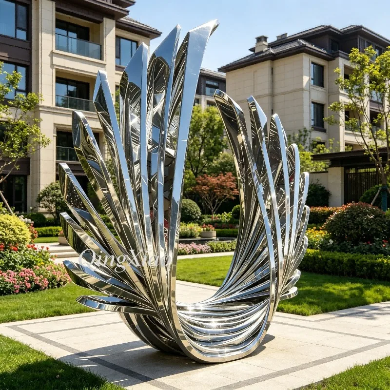 Mirror Polished Stainless Steel Feather Wing Sculpture Custom Metal Decor For Outdoor Luxury Villa Garden Plaza Landscape
