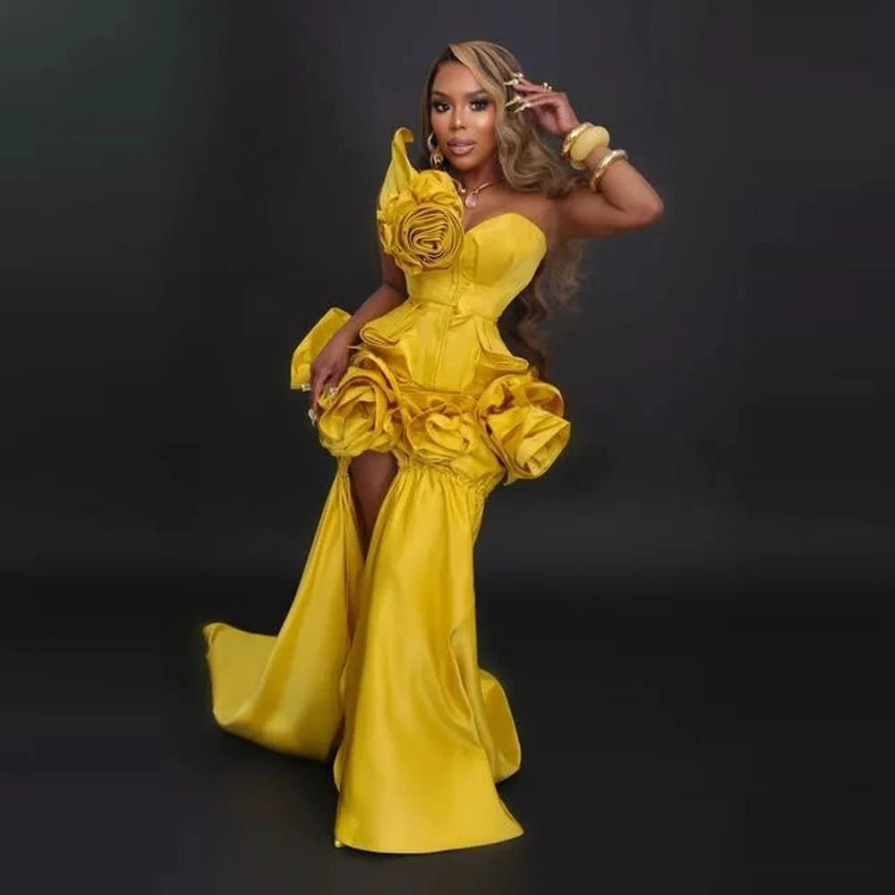 Gorgeous Gold Prom Dresses 3D Flowers With Handmade High Slit Aso Ebi Evening Dress Custom Made Formal Party Gowns Ruched Floral