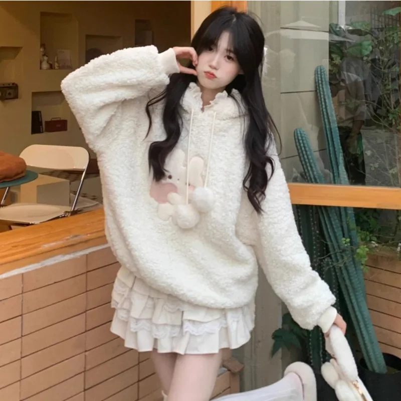 Winter Women Lace Edge Long Rabbit Ears Hoodies Y2k Harajuku Cute Thicken Fleece Hooded Sweatshirts Rabbit Embroidery Pullovers