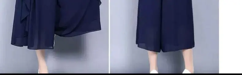 Elastic High Waist Slim Elegant Chiffon Capris Female Pants Skirts Women Summer Wide Leg Medium Long Leisure Loose Trousers