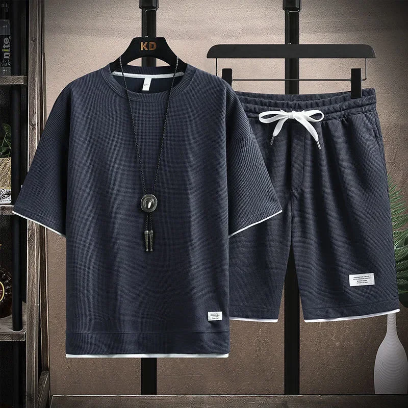 Ice Silk Men's High Quality New Summer Round Neck Short Sleeve Men Casual Sports Set Loose T-shirt Shorts Waffle Style Clothing