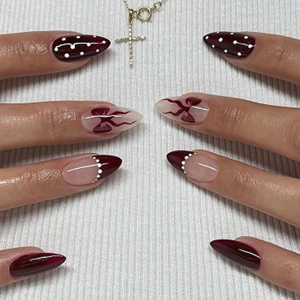 

Wine Red Bowknot French White Polka Dot Almond Nail Art Retro Fashion Fake Nails Detachable Finished False Nails Press on Nails