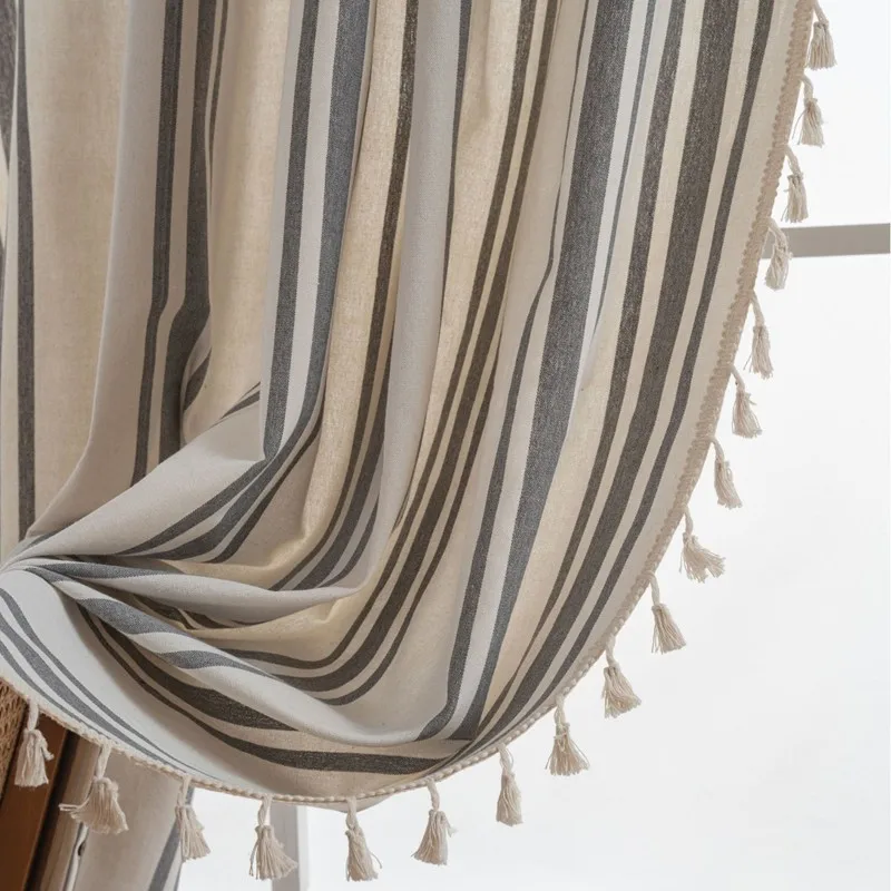 French Style Semi-blackout Curtains Finished Striped Woven Bedroom Window Decoration Valance Home Curtain for Living Room