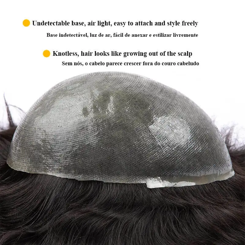 Rambut Palsu Pria 0.08Mm V-loop Tanpa Simpul Pu Wig Tahan Lama untuk Pria 100% Unit Sistem Rambut Manusia Prostesis Kapiler