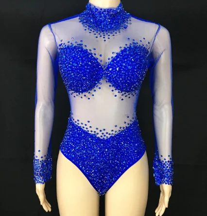 Costume Sexy Mesh Transparent Stones Bodysuit Birthday Party Outfit Rhinestones Rompers Women Singer Team Dance Pink White Blue