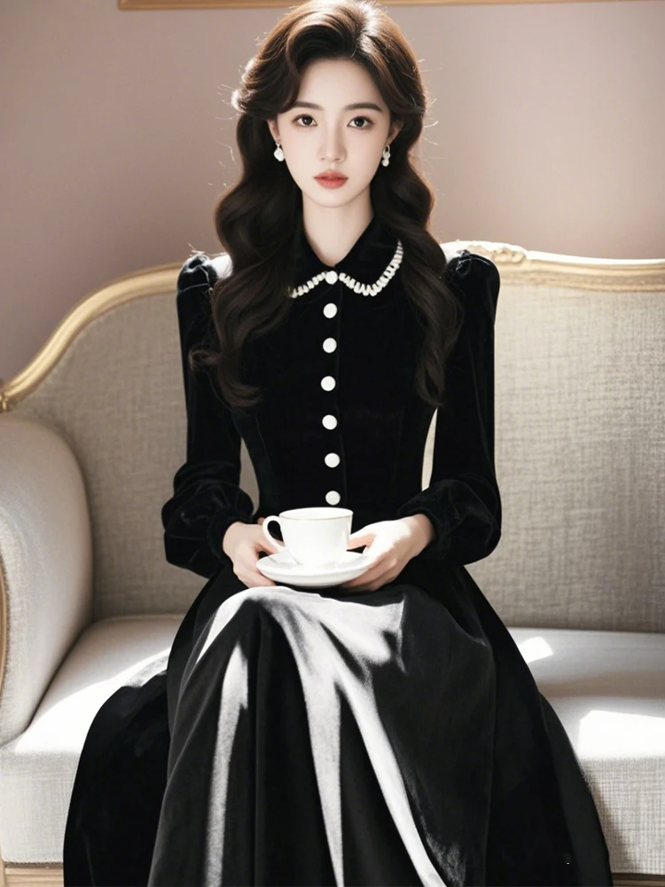 

Elegant Black Velvet Dress Winter Ball Gown Society Lady Classy Graceful Beautiful Long Sleeve High Waist A-Line Skirt Dress