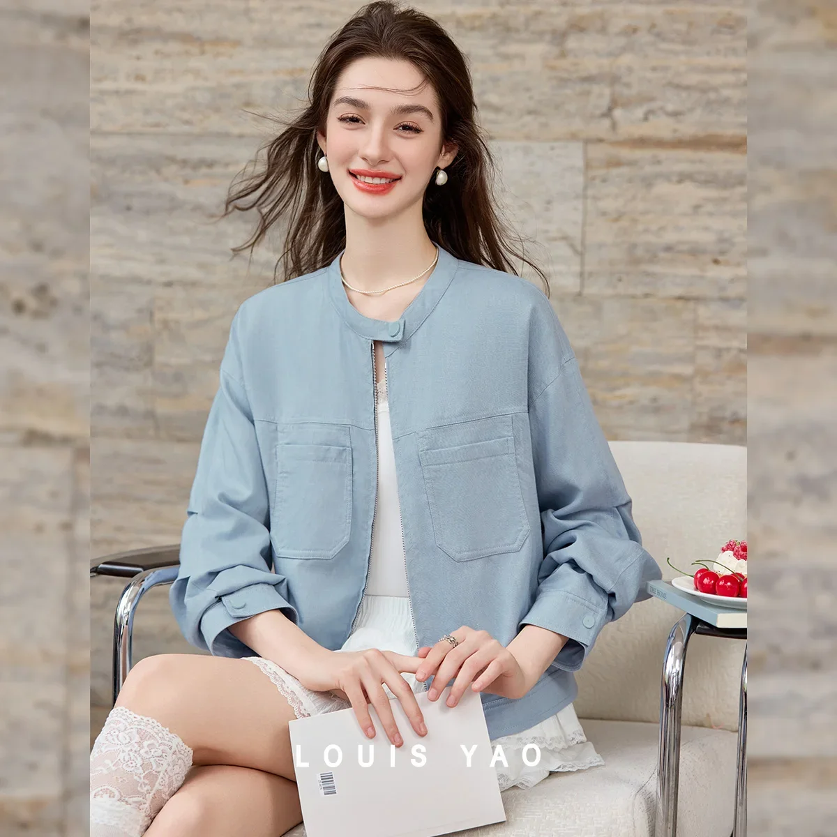LOUIS YAO Light Blue Casual Jacket 2026 Autumn Lyocell Fabric Shoulder Down Cardigan Jacket Large Pocket decoration Women's Top