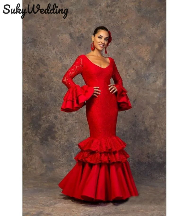 Black Retro Palace Mermaid Prom Dresses Long Sleeves Ivory  Illusion Mesh Ruffles Red Lace Flamenco Dress for Women Party Gowns