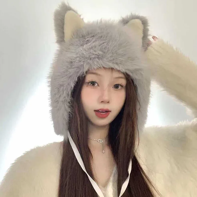 

Soft Japanese Plush Cute Cat's Ears Sherpa Peru Hat Versatile Fashion Girls Winter Big Warm Windproof Knitted Ear Protection Cap