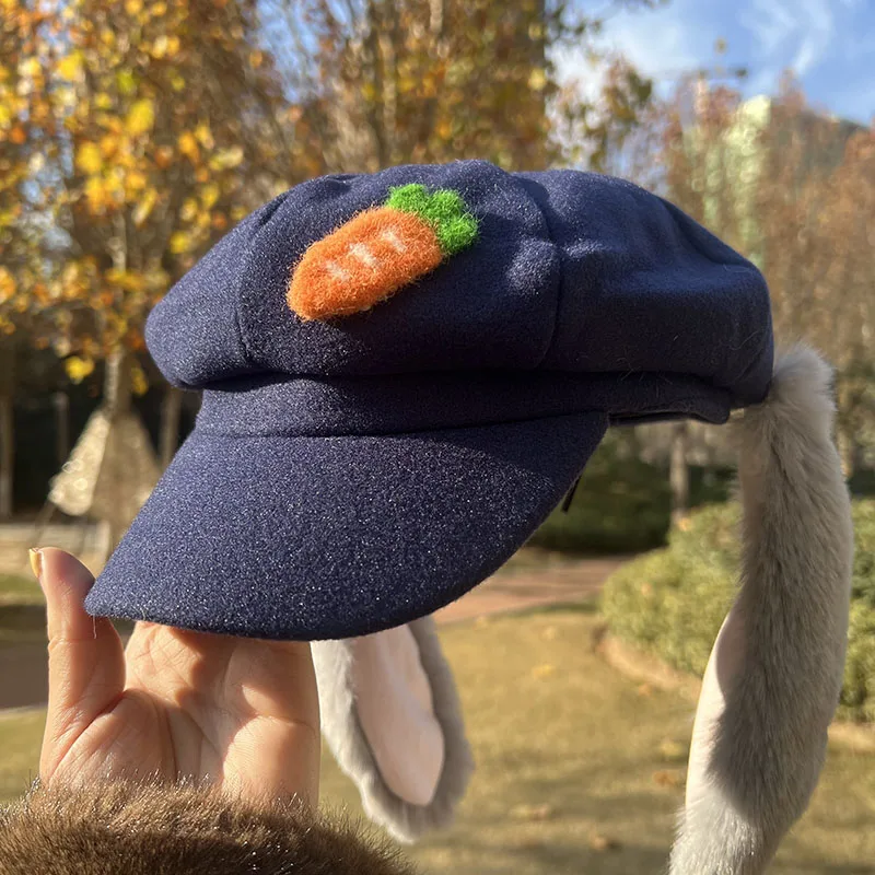 Halloween Judy Rabbit Nick Fox Ears Cosplay Hat Octagonal Big Head Circumference Accessory Cute Autumn And Winter Hat Beret