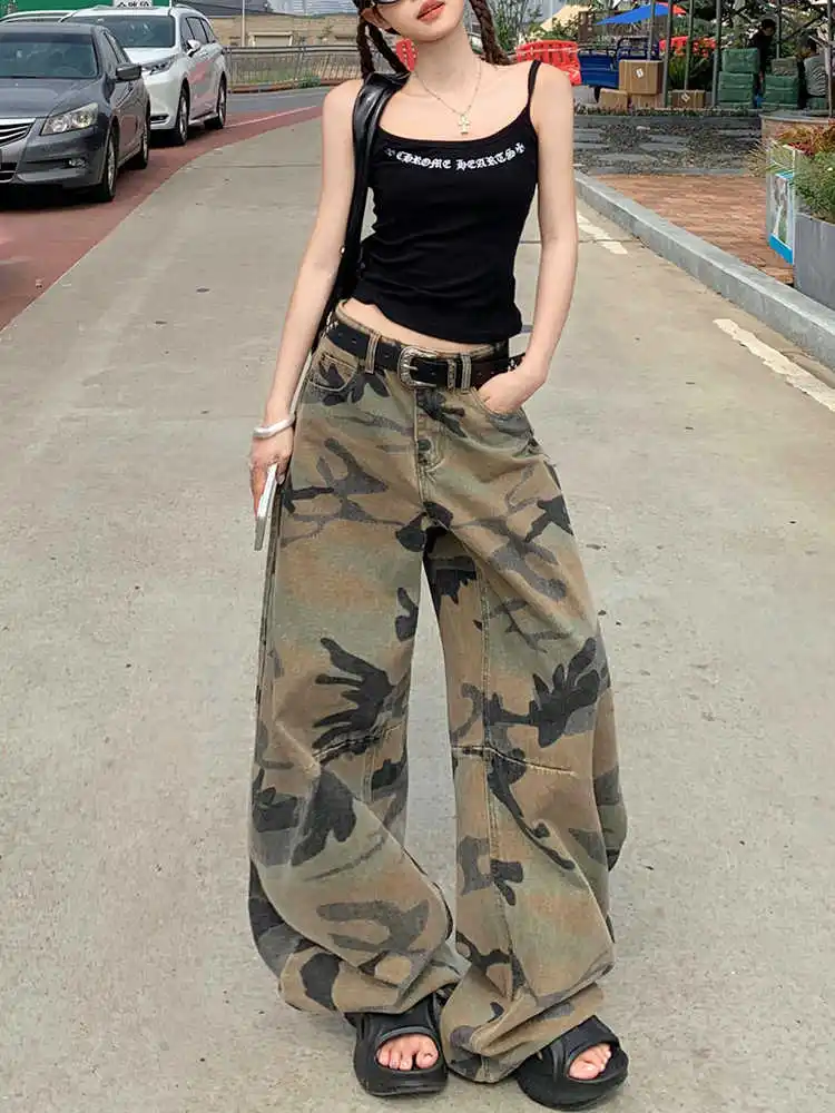 

Color Match Multi-pockets Camouflage Cargo Pants Y2K Women Streetwear Patchwork Baggy Overalls Wide Leg Loose Trousers