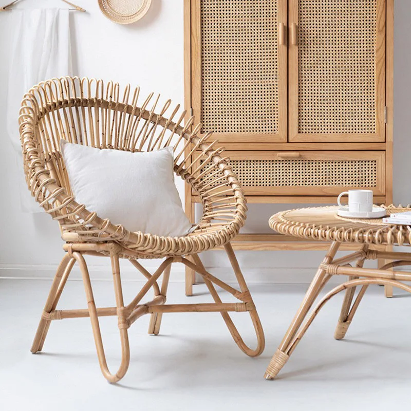 

Japanese-style homestay balcony rattan chair three-piece set courtyard handmade rattan leisure full real rattan single chair tea