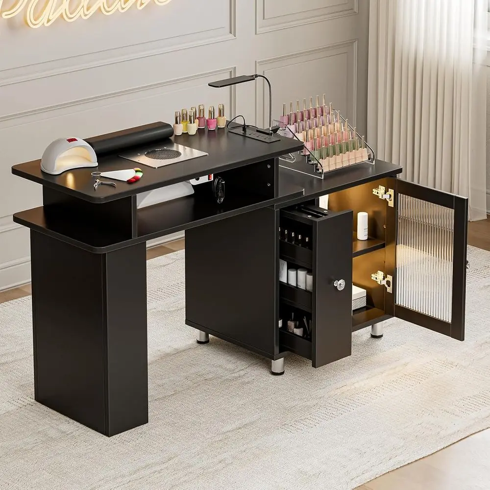 LED Lighted Manicure Desk with Glass Door Cabinet, Dust Collector, Charging Station, Acrylic Storage, and Drawers (Black)