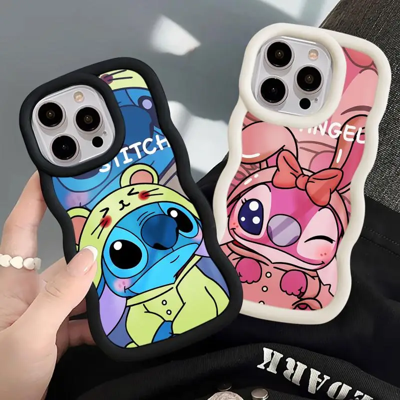 Luxury Macaron Waves Phone Case for iPhone 15 14 13 12 11 pro Max XS XR X 7 8 plus Disney Cute Stitch Angel Soft Candy Cover