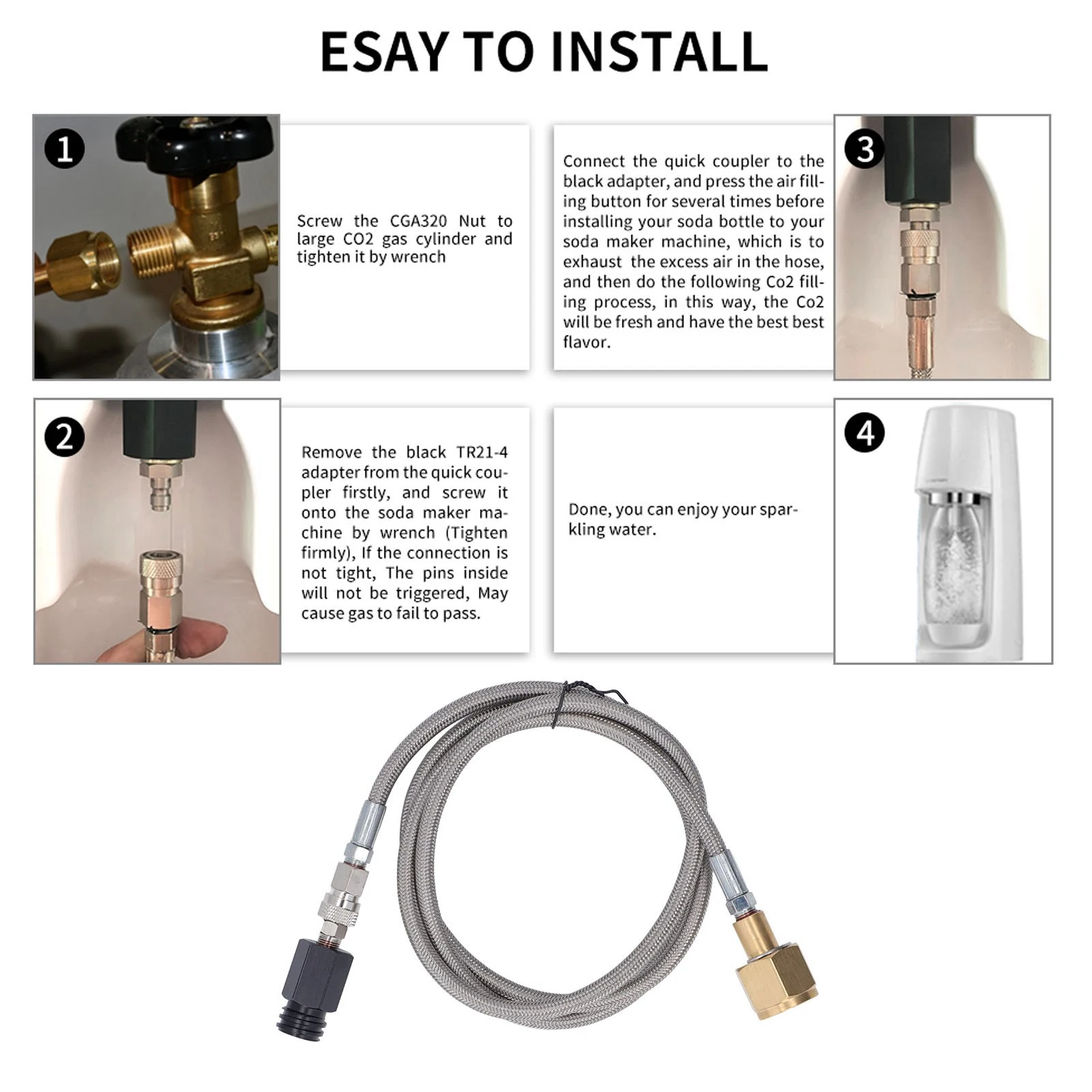 CO2 Refill Connector เครื่องโซดา Connector โซดาอะแดปเตอร์เติม CO2 กระบอกเติมขั้วต่อ 60in ท่อ CGA320
