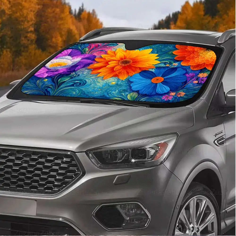 1pc A Colorful Floral Design Sunshade For Your Windshield, Offering UV Protection To Maintain A Cool Interior. It Is Foldable Fo