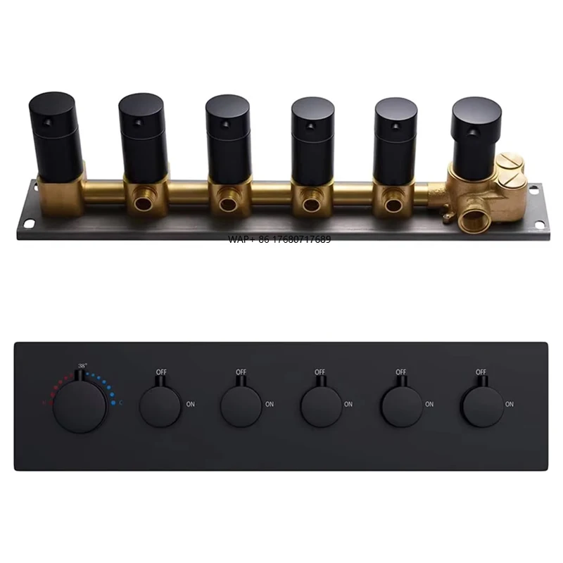 

5 Outlet Brass Matte Black Thermostatic Shower Diverter Valve Trim Pressure Balanced Mixer Rain Massage Jet Pause Spray Patterns