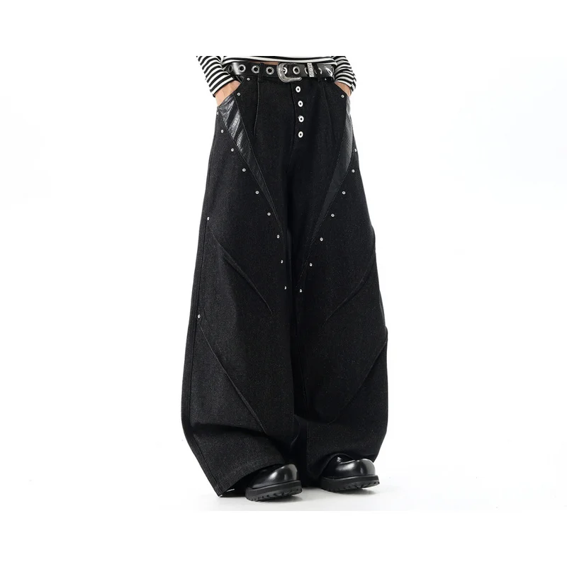 QICHE High Street Curved Floor‑Length Jeans Black Deconstructed Leather Splicing Rivet Multi‑Row Button Loose Wide Leg Pants