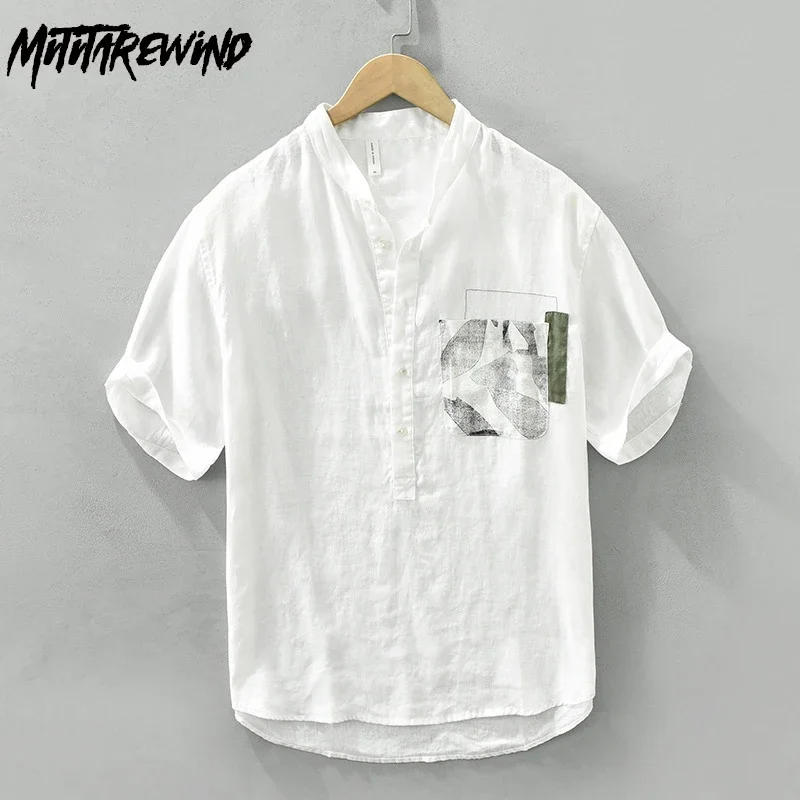 Summer Pure Linen Shirts Men Beach Lazy Style Breathable Mens Tops Stand Collar Short Sleeve TShirt Fashion Pocket Printed Tees