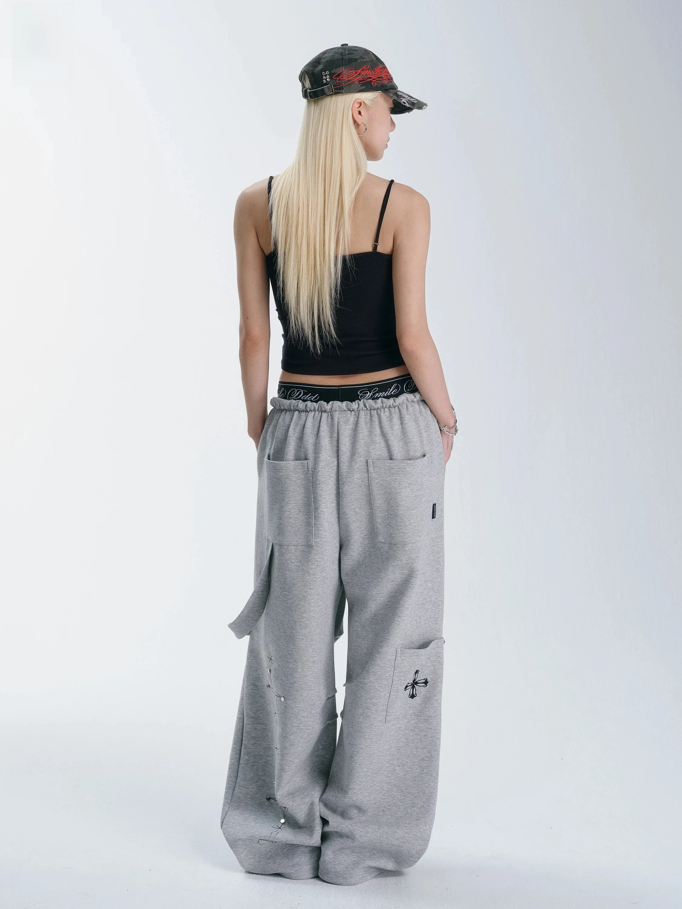 Smile Ddd Starburst Waistband Sweatpants Women's Streetwear Casual Loose Fit Cotton Polyester Blend Comfortable Long Trousers