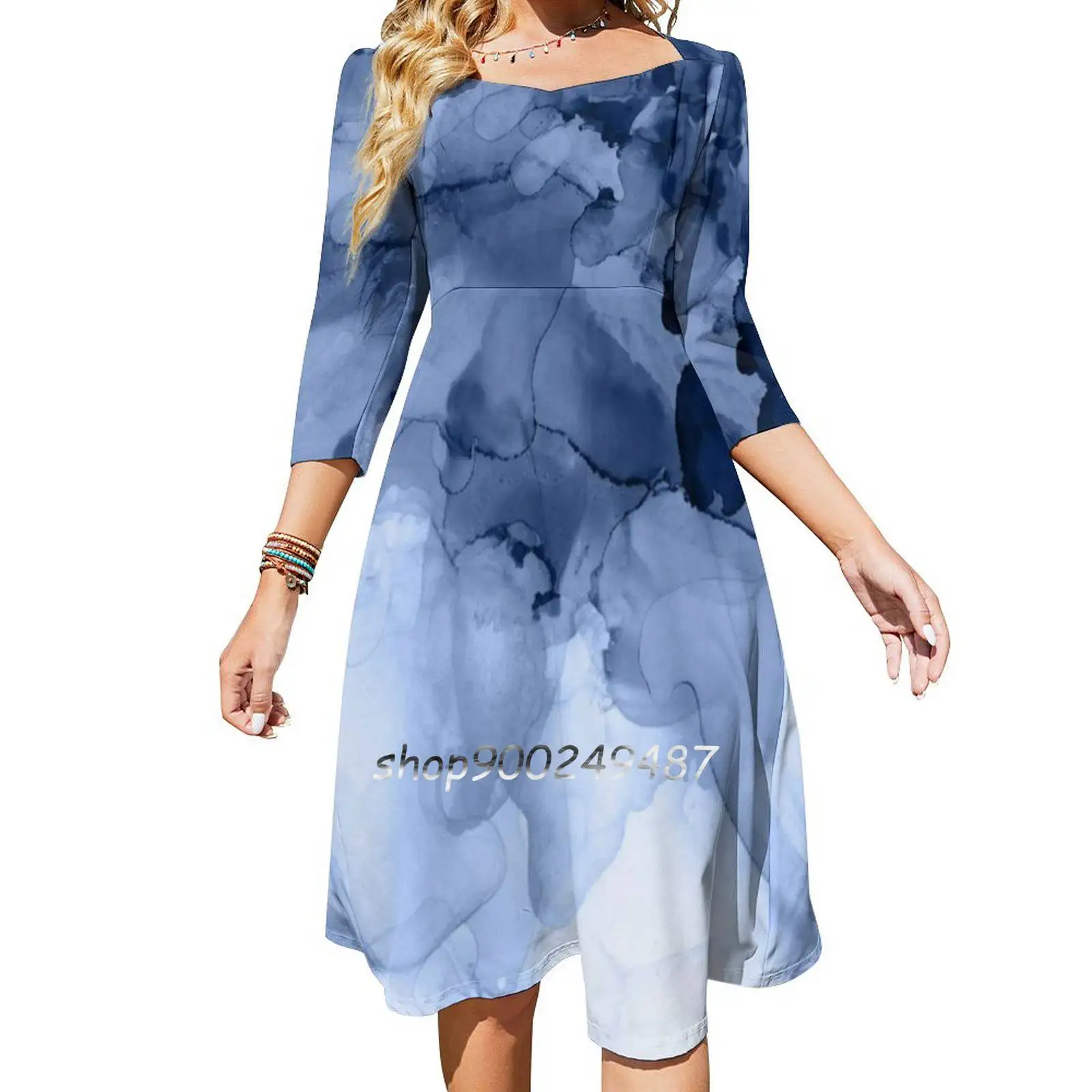 Stormy Weather Square Neck Dress Cute Loose Print Dresses Elegant Beach Party Dress Blue Ink Fluid Winter Abstract Inks Indigo