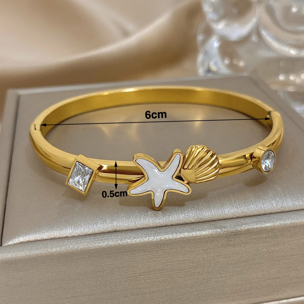 

Freetry Bohemian Starfish Scallop Stainless Steel Bangle Bracelet for Women Waterproof Smooth Round Spring Bangle Summer Beach