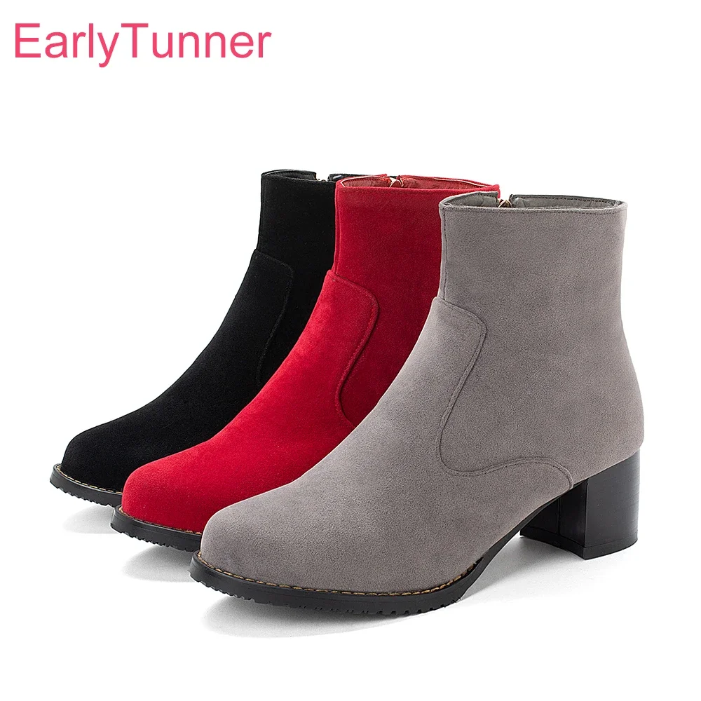 

Совершенно новые удобные черные, серые женские ботильоны, модные женские туфли на среднем каблуке с круглым носком, маленький большой размер 11, 31 43 47 52