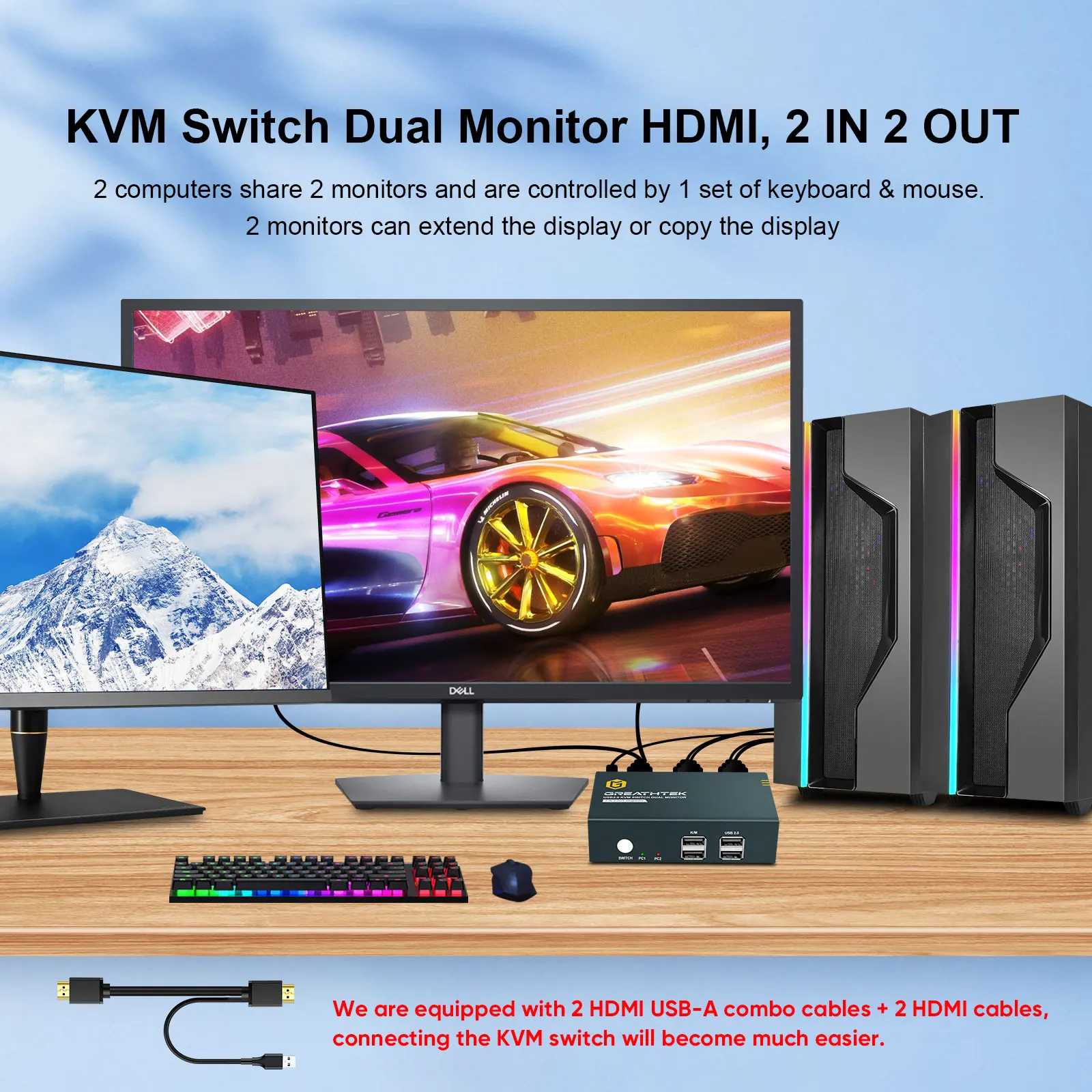 4 Port USB 3.0 KVM Switch Dual Monitor HDMI 4K 60Hz, Keyboard Video Mouse Peripherals Switcher for 4 Computers 2 Monitors