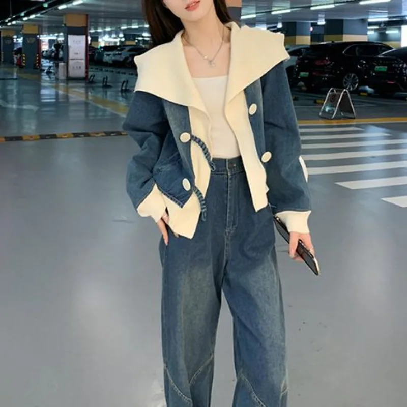 Abito di fascia alta autunno inverno Nuova giacca di jeans coreana che riduce l'età e pantaloni a gamba larga alla moda e straniera Set alla moda in due pezzi