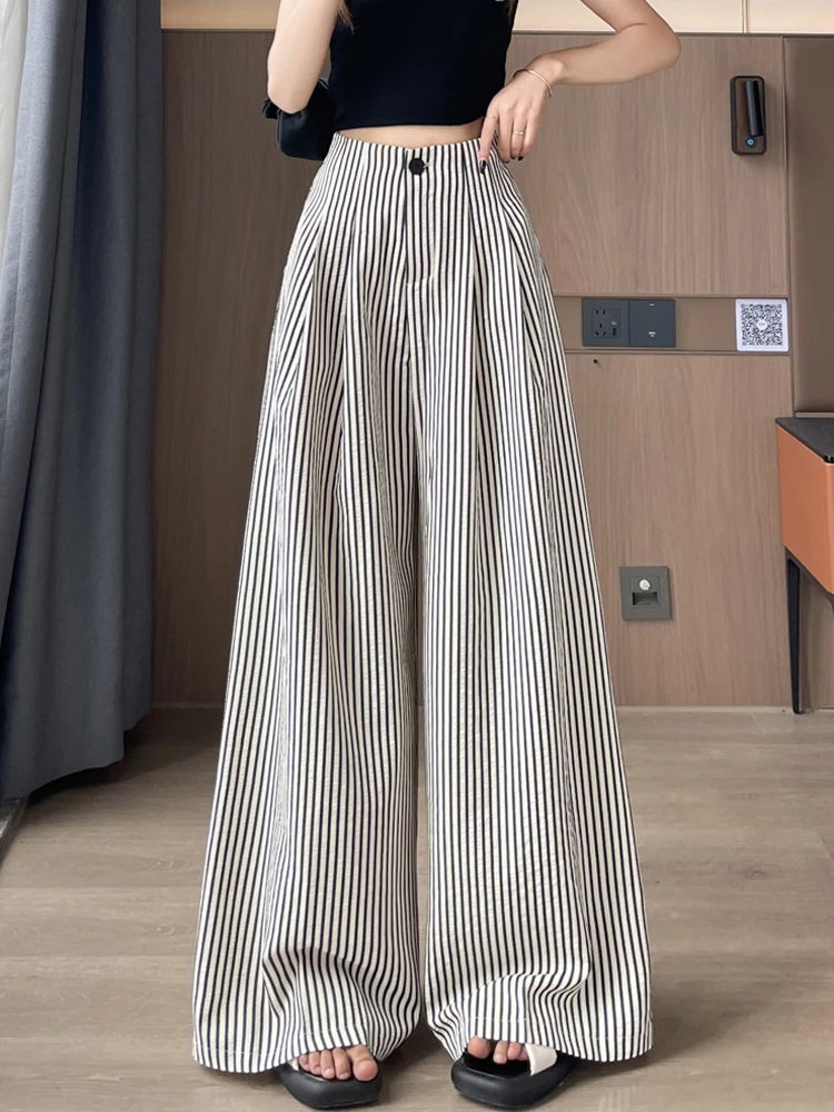 High Waist Striped Wide Leg Pants Women Summer Thin Cotton Linen Casual Straight Cut Floor Length Suit Pants Korean Sle - Image 2