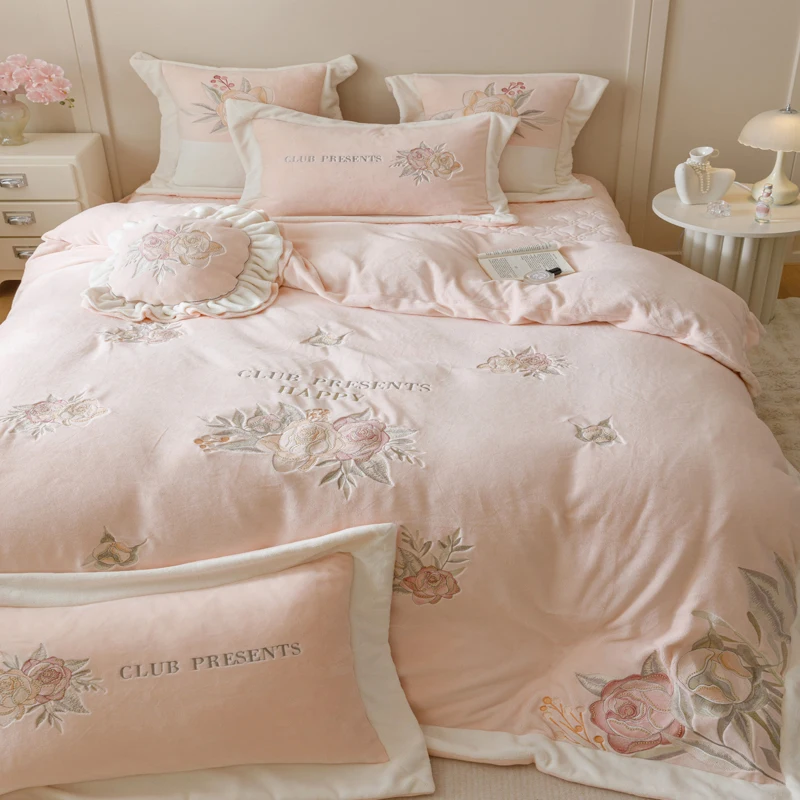 4Pcs Pink Flowers Embroidery Ruffles Princess Bedding Set Warm Thickened Winter Milk Velvet Duvet Cover Bed Sheet Pillowcases