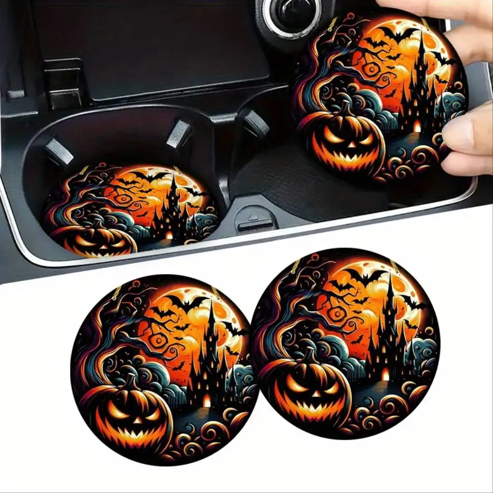 Halloween Pumpkin And Haunted Castle EVA Car Coasters 2 Pack Non-Slip Durable 2.75 Inch Protect & Dry Cup Holders Holiday Decor