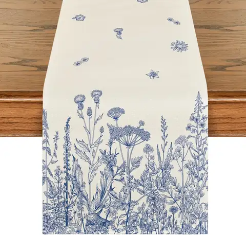 Blue Antique Herbs Wild Flowers Linen Table Runner Dresser Scarf Table Decor Farmhouse Kitchen Dining Table Runner Party Decor