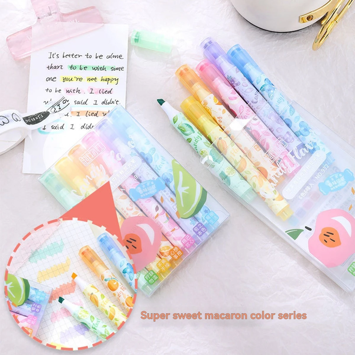 6Pcs Seal Highlighter Pen Set, Chisel Tip Candy‑Colored No‑Bleed Kawaii Fluorescent for Journaling School Stationery Supplies