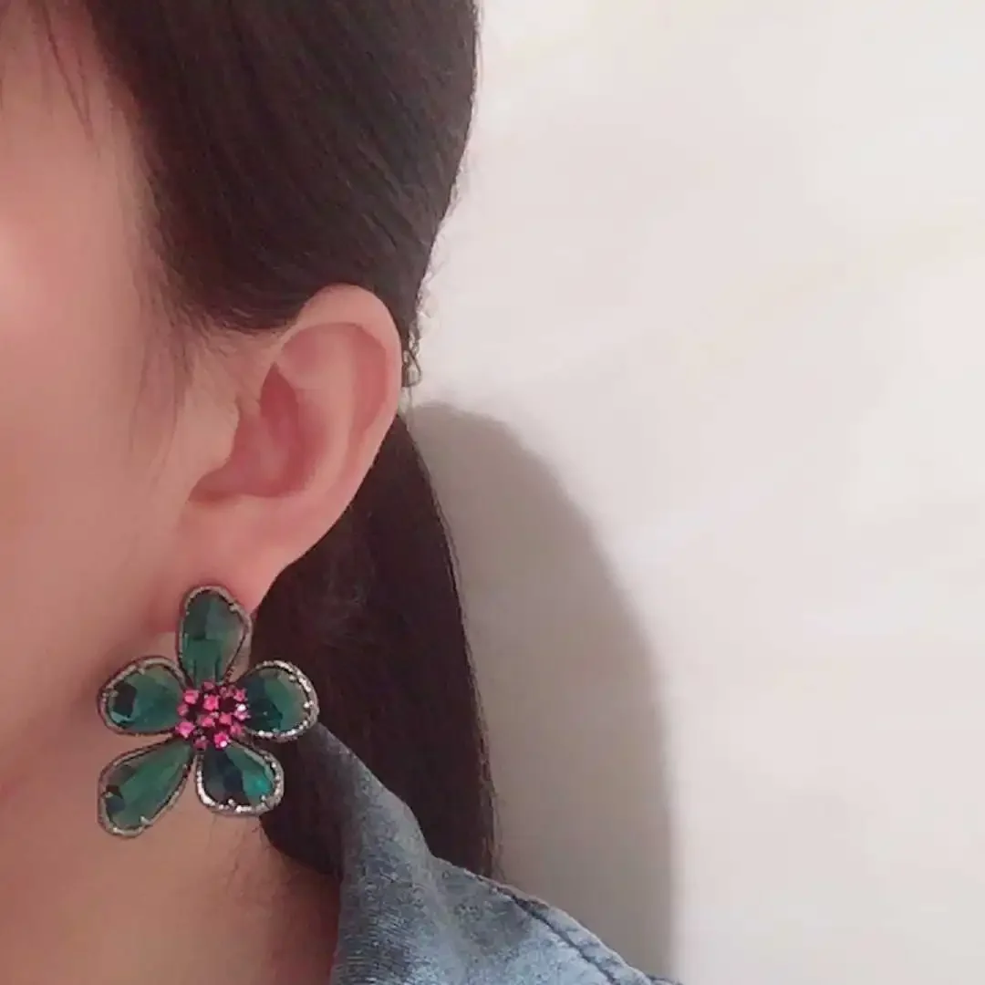 2024 Vintage Dark Green Crystal Flower Stud Earrings Ring Jewelry Women Retro Femme Wedding Bridal Luxury Jewelry Bijoux