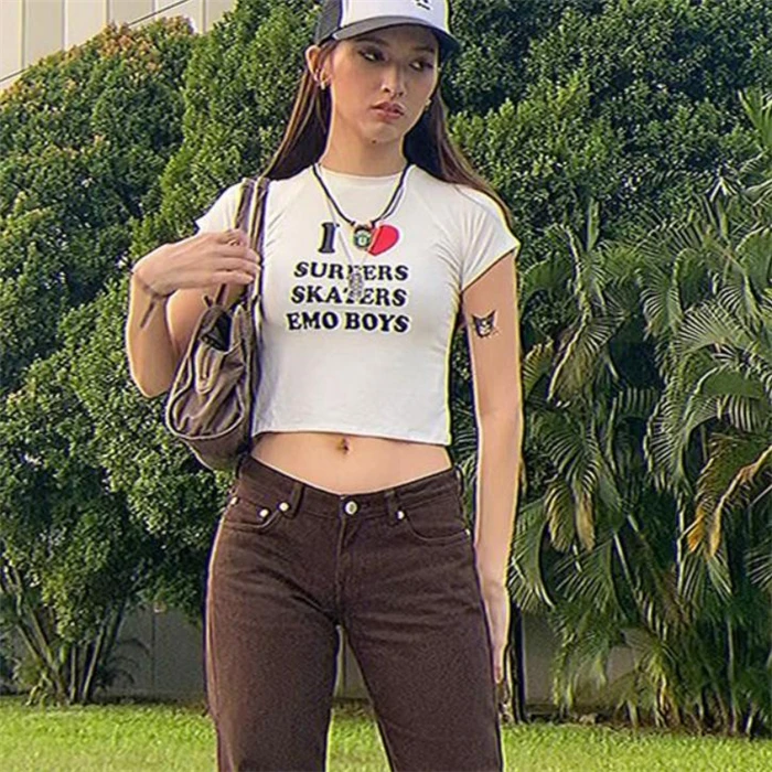 Insbm Sle-Top corto ajustado para mujer, camiseta pequeña irt, ropa de calle redonda con estampado Ne, Faion de verano