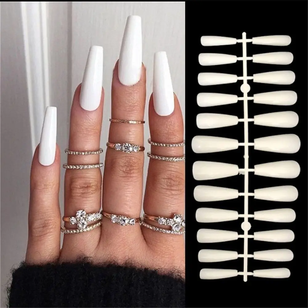 24 szt./zestaw Akrylowe Manicure Pełne Pokrycie Balerina Trumienka Sztuczne Paznokcie Tipsy